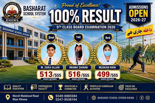 100% Board Result 2026 Toppers Banner at Basharat School System Khewa